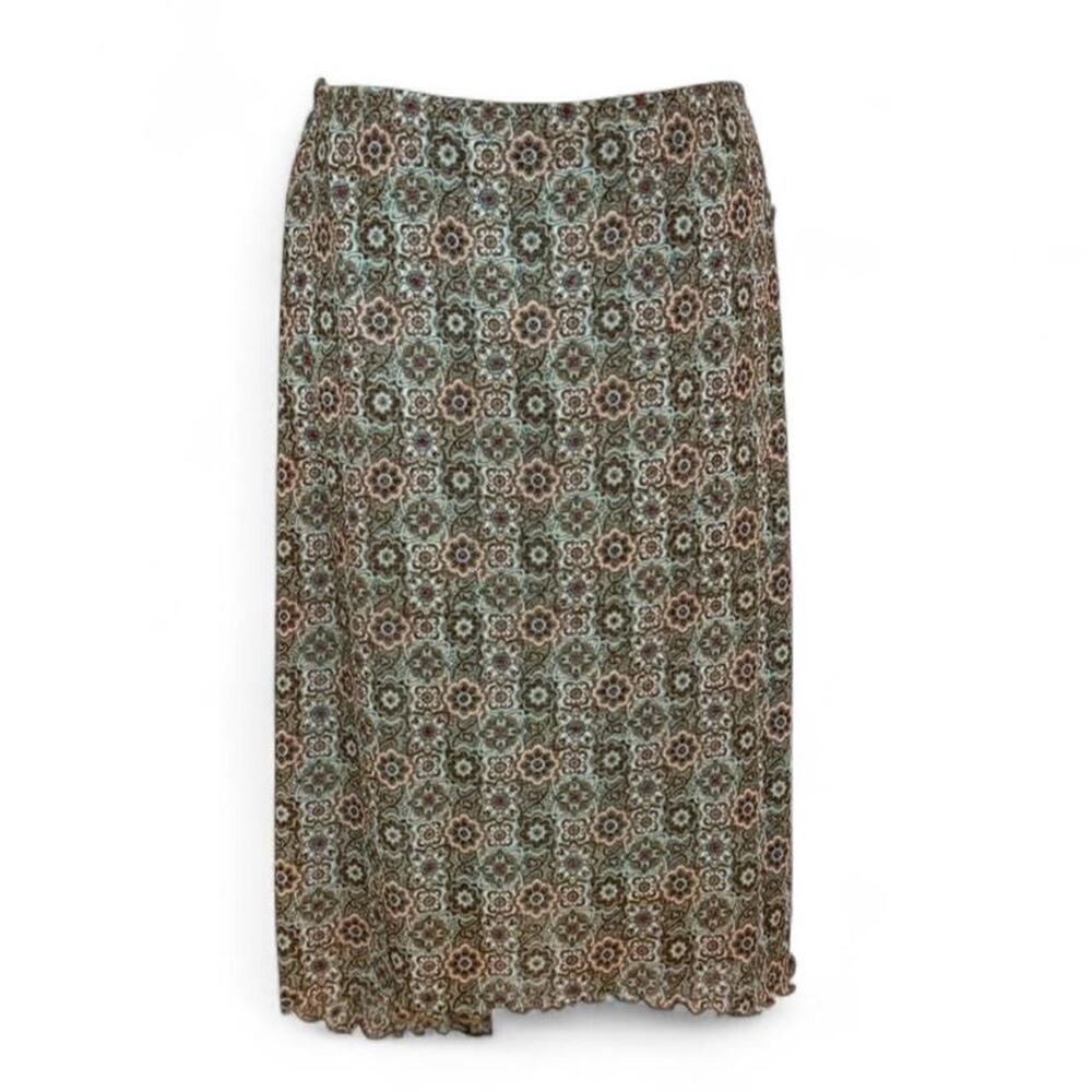 My Michelle green vintage patterned maxi skirt with lace trim belt detail Size L